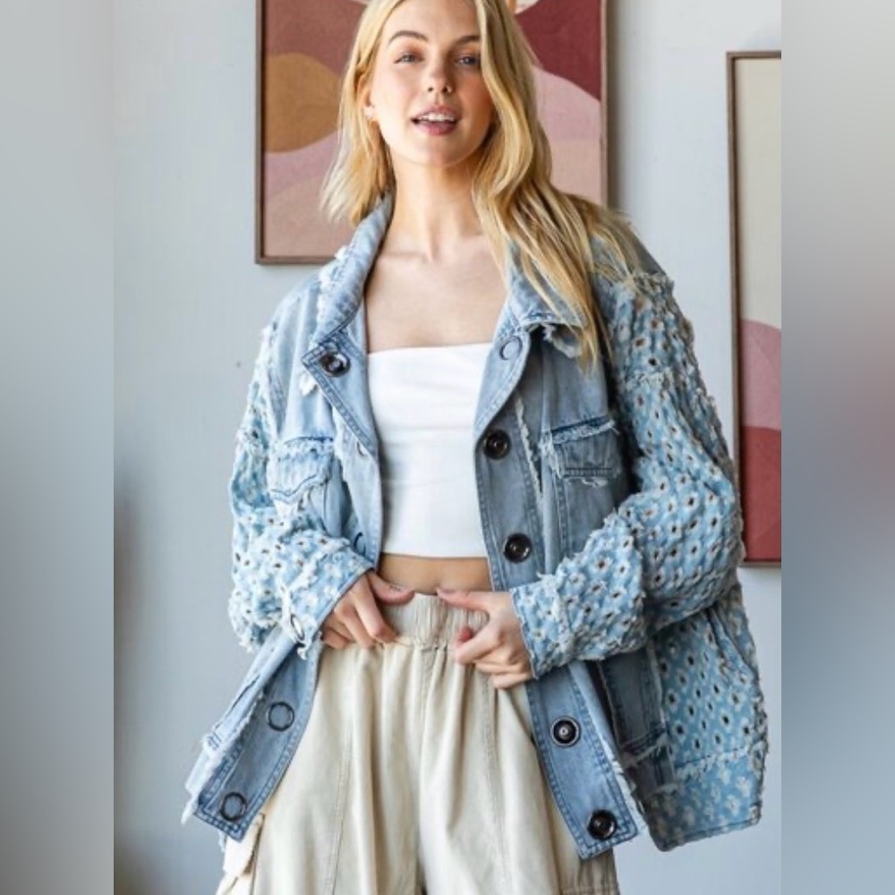 Oli & Hali NWT Washed Contrast Sleeve Denim Button Down Jacket Size XL